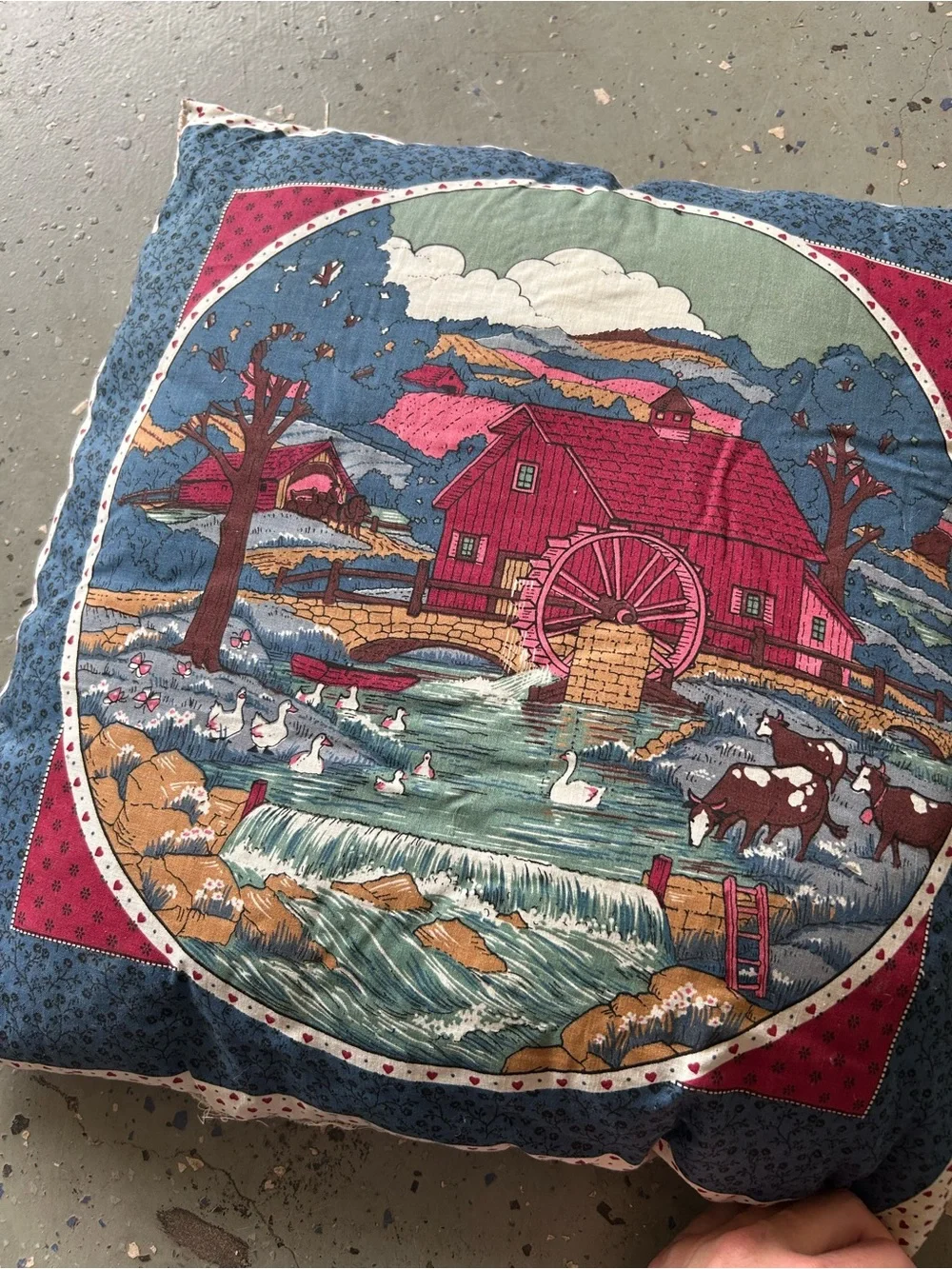 VINTAGE Farmhouse Barn Scene Decorative Pillow - Red & Blue